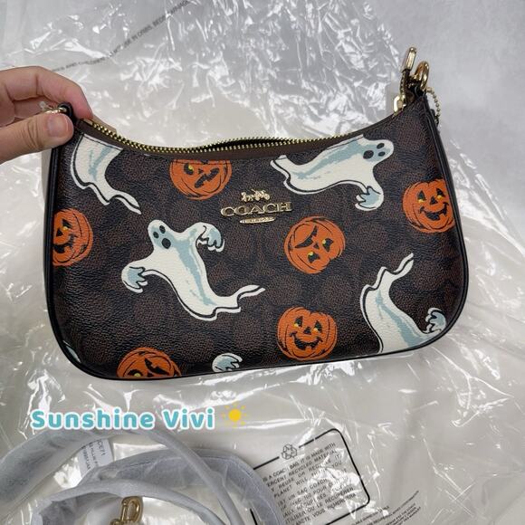 NWT Coach Teri Shoulder Bag In Signature Canvas Pumpkin Halloween 🎃Print CCE71 - Picture 3 of 16